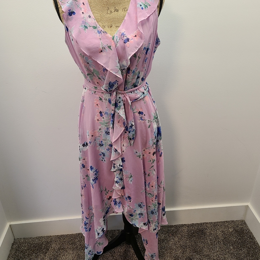 Purple floral dress.